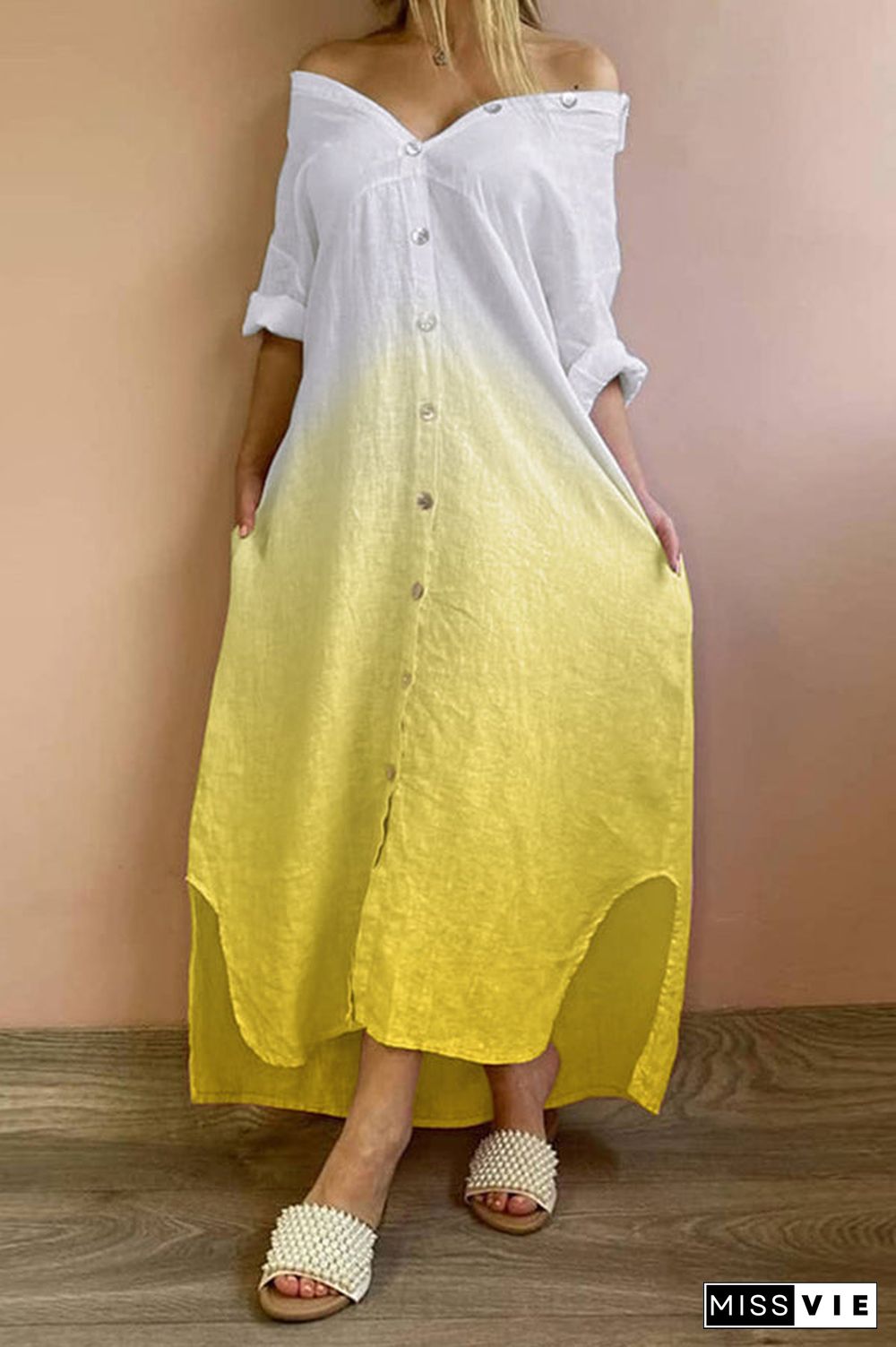 Gradient Turndown Collar Button Shirt Maxi Dress