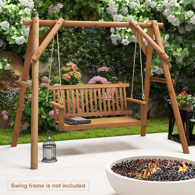 Costway 2 seat Porch Swing Bench Acacia Wood Chair With 2 Hanging Hemp Ropes For Backyard