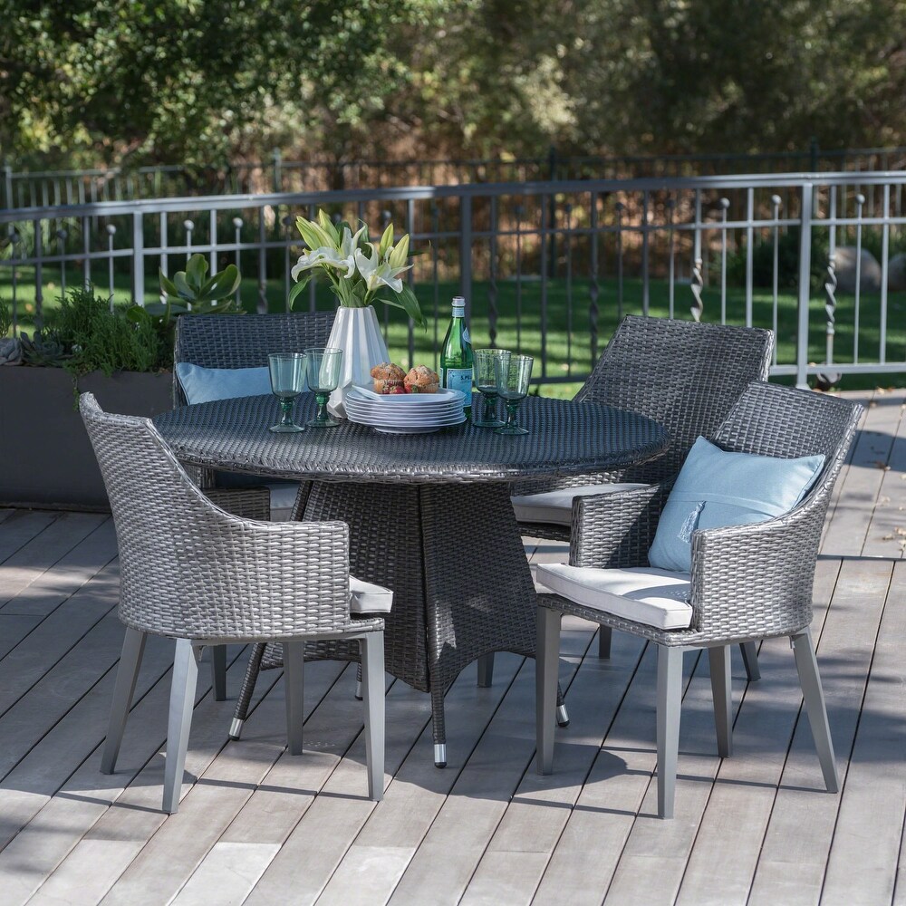 Hillhurst Outdoor 5 piece Round Wicker Dining Set with Cushions   Umbrella Hole by Christopher Knight Home