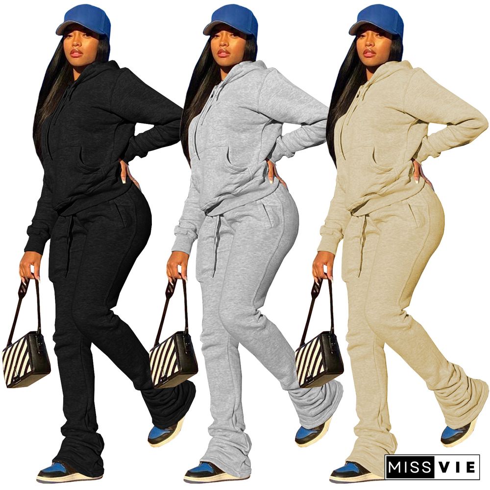 Hooded Sweatshirt Drawstring Stacked Pants Set