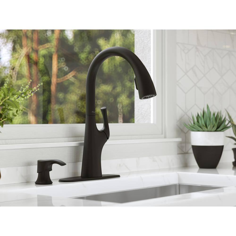 Pfister Ladera Single Handle Pull Down Sprayer Kitchen Faucet with Soap Dispenser in Matte Black F-529-7LRRB