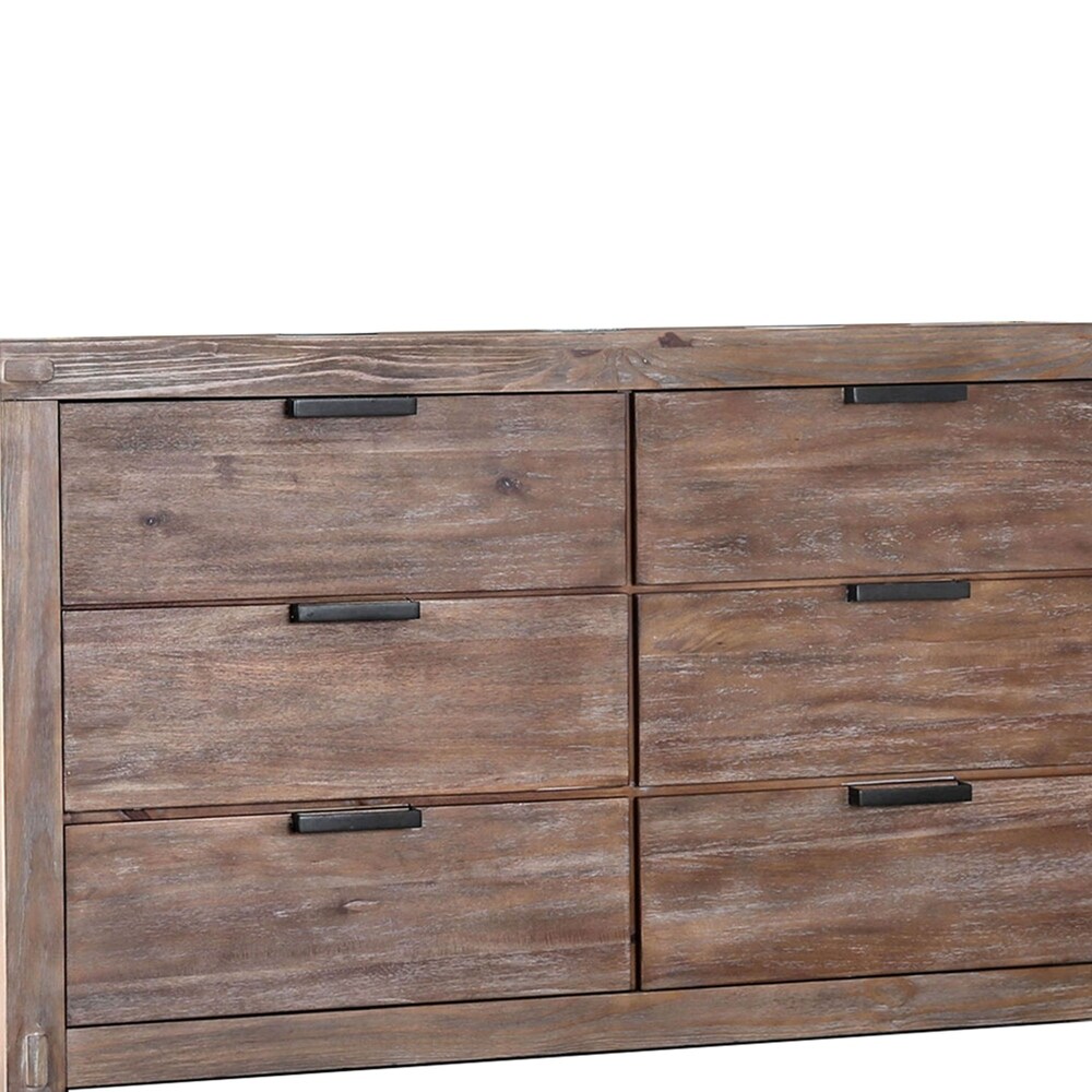 6 Drawer Rustic Style Wooden Dresser with Block Legs  Brown