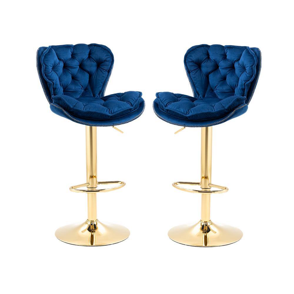 HOMEFUN 44 in. Navy Blue Velvet Swivel Low Back Matal Frame Adjustable Cushioned Counter Height Bar Stool (Set of 2) HFHDSN-883NY-2