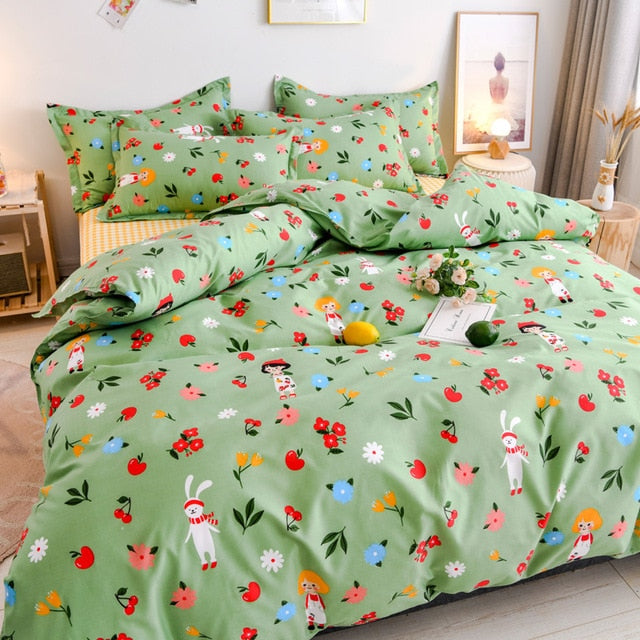 Flower Duvet Cover Bedding Set Peach Daisy Pastoral style Flat Bed Sheet