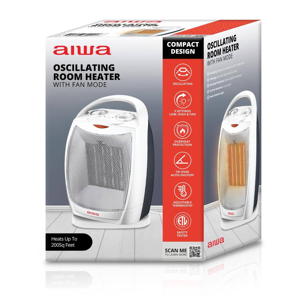 AIWA 1500-Watt 10.2 in. Electric Oscillating Room Ceramic Heater with Handle Overheat Protection Tip Over Auto Shutoff WSH3-1002-WHT