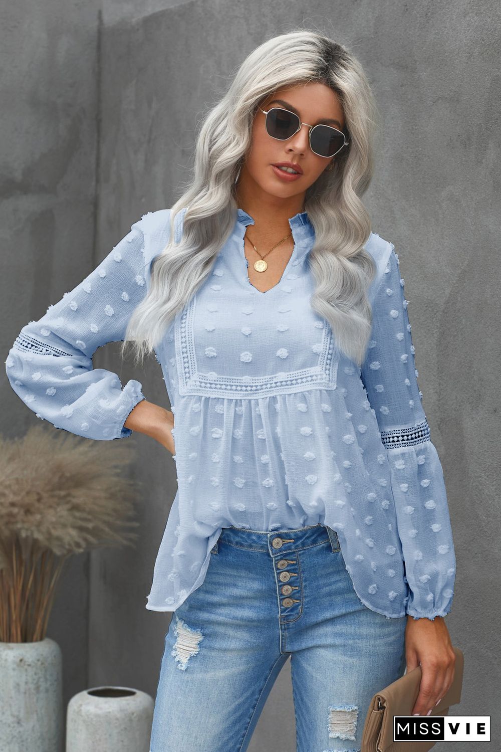 Blue Ruffled Split Neck Lace Hollow Out Puff Sleeve Polka Dot Blouse