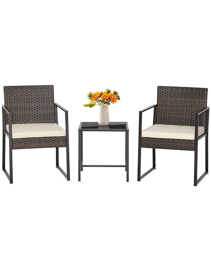 Costway 3pcs Patio Furniture Set Heavy Duty Cushioned Wicker Rattan Chairs Table