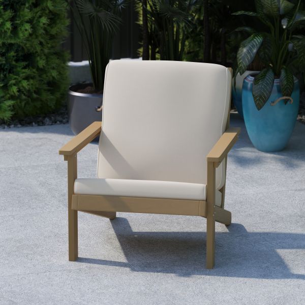 Charlestown All-Weather Poly Resin Wood Adirondack Style Deep Seat Patio Club Chair with Cushions， Natural Cedar/Cream