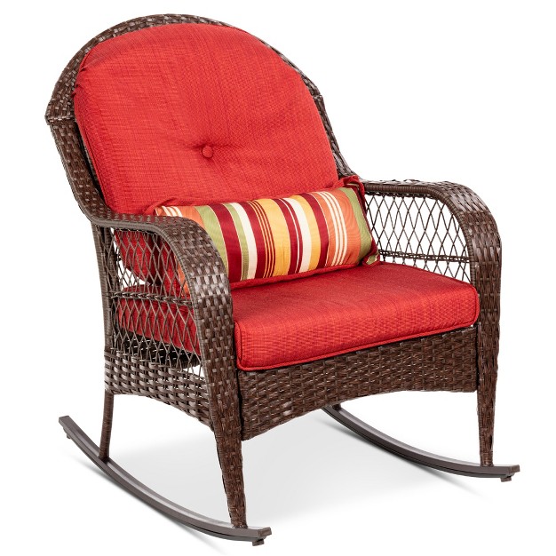 Best Choice Products Outdoor Wicker Rocking Chair For Patio Porch W Steel Frame Weather resistant Cushions Red