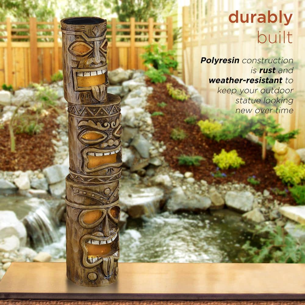 Alpine Corporation 19 in. Tall Outdoor 3-Tier Tiki Totem Statue with Solar LED Lights Yard Decoration WQA826SLR-DBR