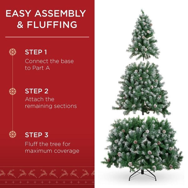 6ft PreDecorated Holiday Christmas Tree w/ 1，000 PVC Branch Tips，Partially Flocked Design，Pine Cones，Metal Hinges and Base