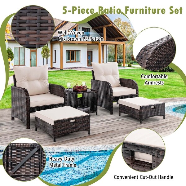 5 PCS Backyard Patio Set w/ 2 Chairs 2 Ottomans and 1 Coffee Table