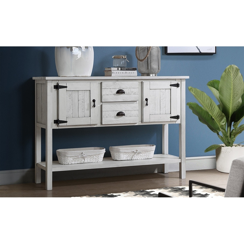 Solid Wood Buffet Console Table with 2 Drawers and Cabinets  White