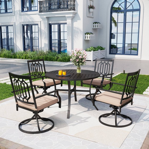 5pc Outdoor Dining Set With Stackable Swivel Chairs With Cushions Round Metal Table Black Captiva Designs