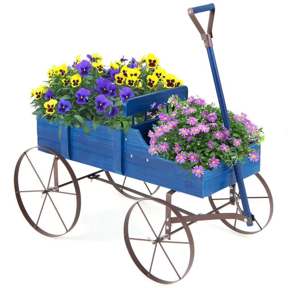 Gymax 24 in. x 24.5 in x 13.5 in. IndoorOutdoor Blue Wooden Garden Flower Planter Wagon Plant Bed with Wheel Garden Yard GYM13042