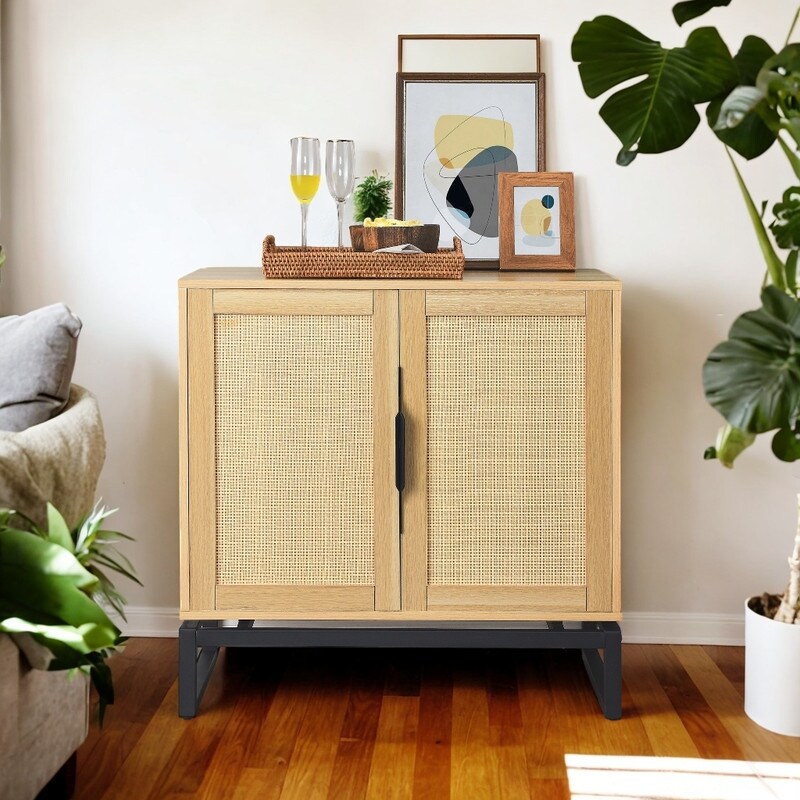 Natural Rattan Sideboard Cabinet with 1 Adjustable Inner Shelves and 2 Doors