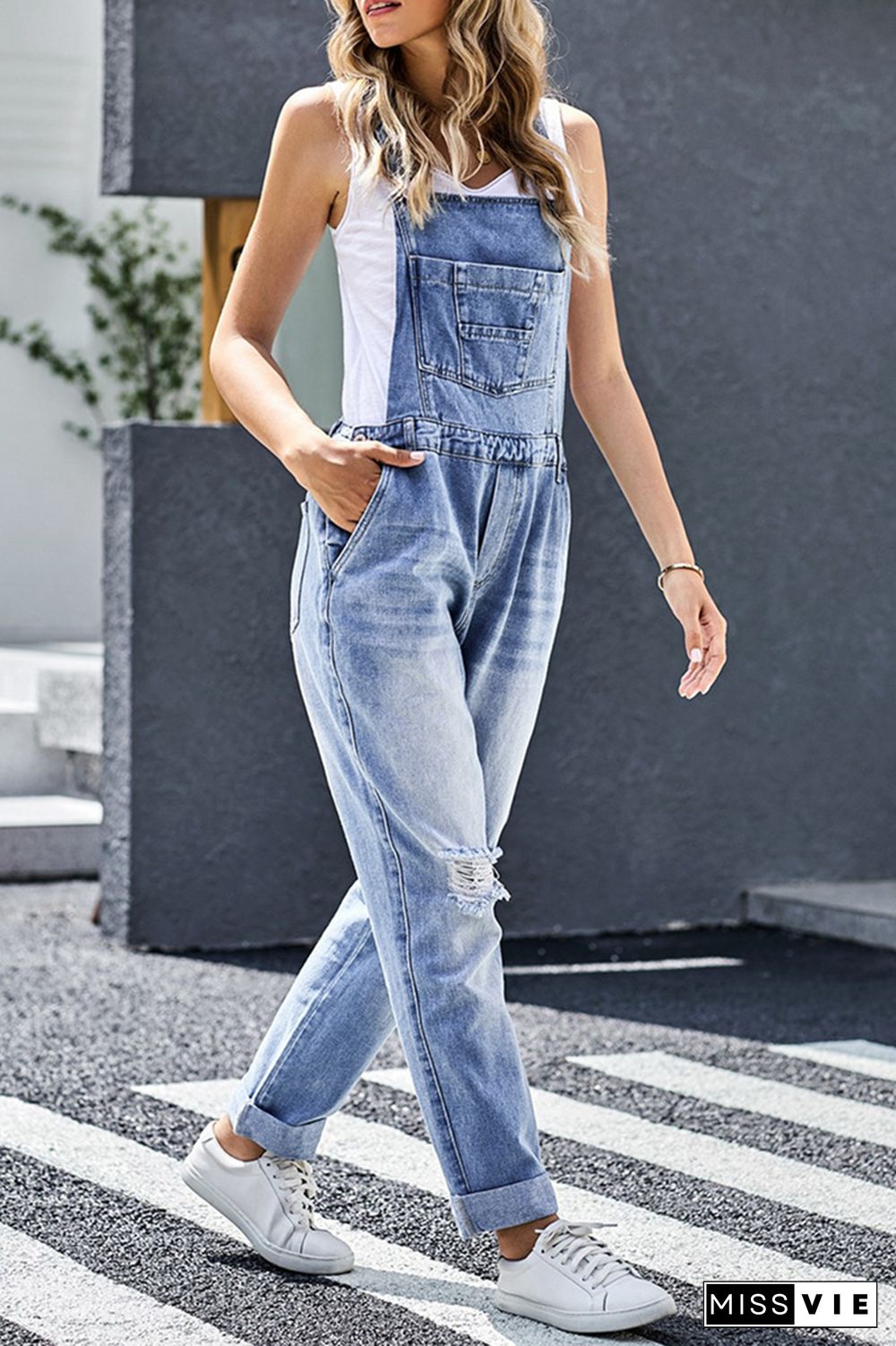 Casual Solid Sleeveless Harlan Denim Jumpsuits