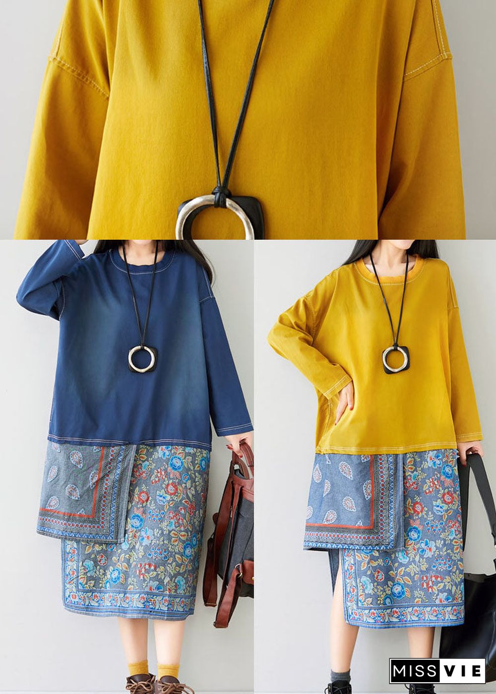 Loose Yellow O-Neck Asymmetrical Sweatshirt dresses Spring