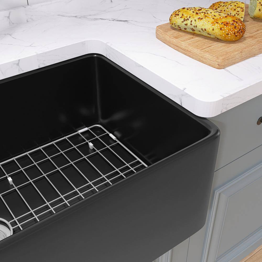 30 in. Apron Front Single Bowl Fireclay Farmhouse Kitchen Sink Black With Bottom Grid and Strainer ZFC3018-B1