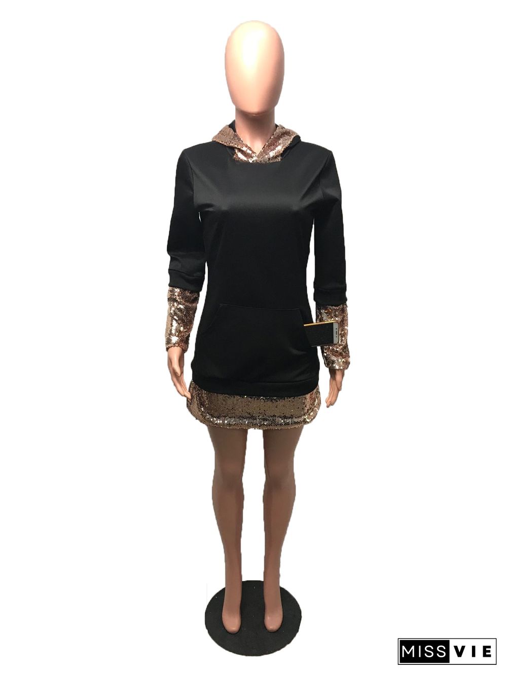 Leisure Sequin Splicing Hoodies Mini Dress (without Belt)