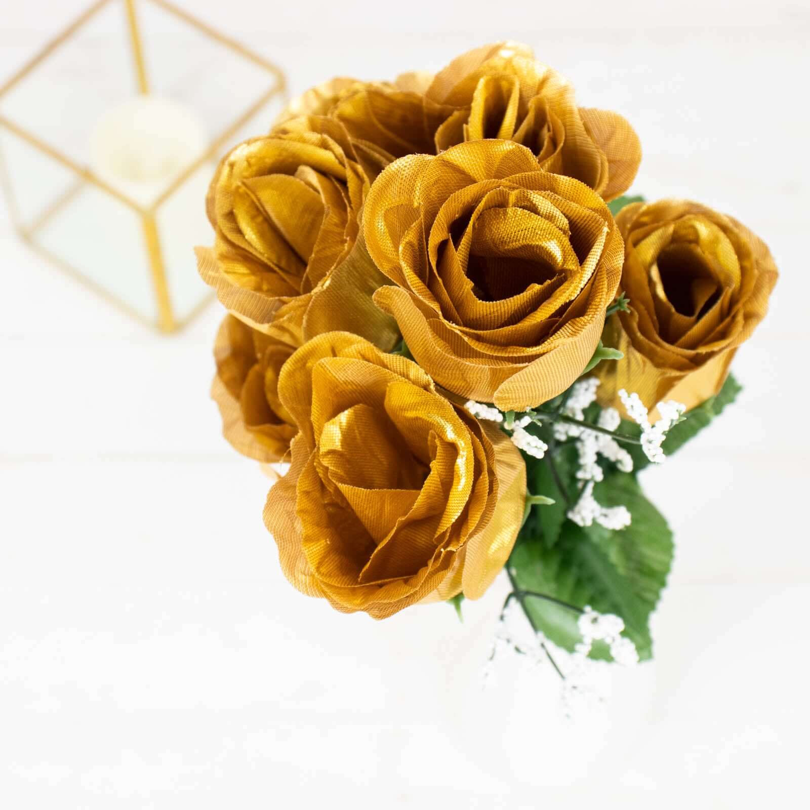 12 Bushes Gold Artificial Premium Silk Flower Rose Bud Bouquets