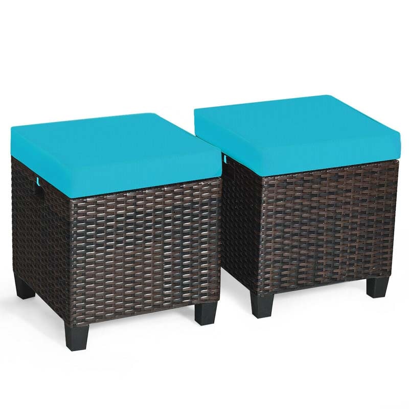 2 Pcs Rattan Patio Ottoman Set with Removable Cushions, All Weather Wicker Outdoor Footstool Footrest Seat