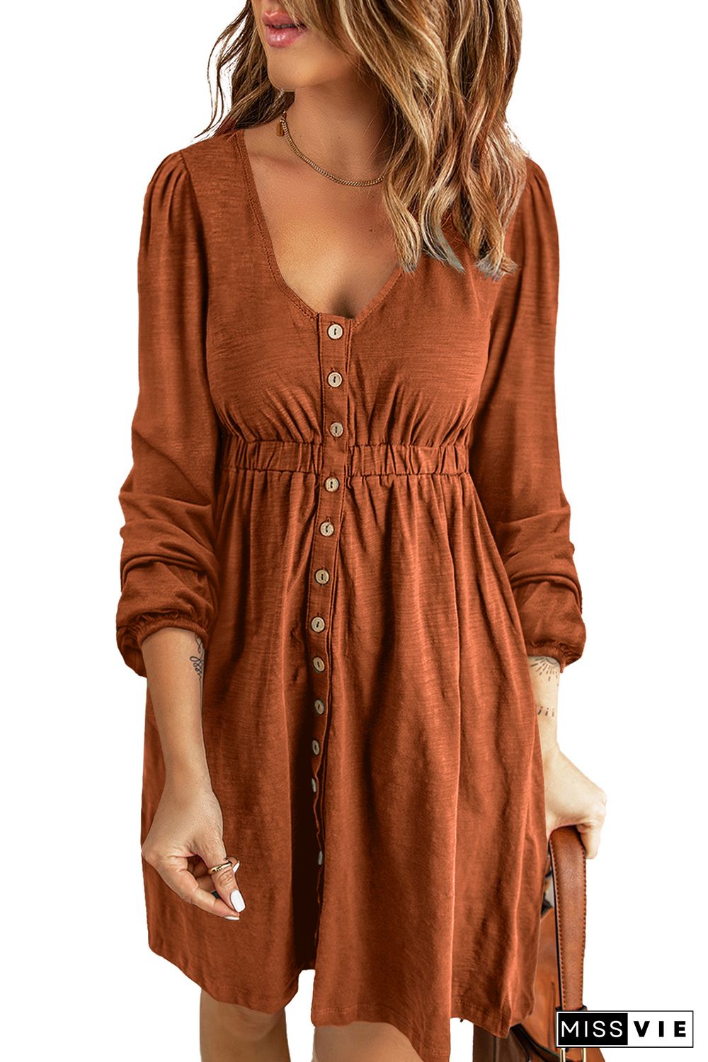 Brown Button Up High Waist Long Sleeve Dress