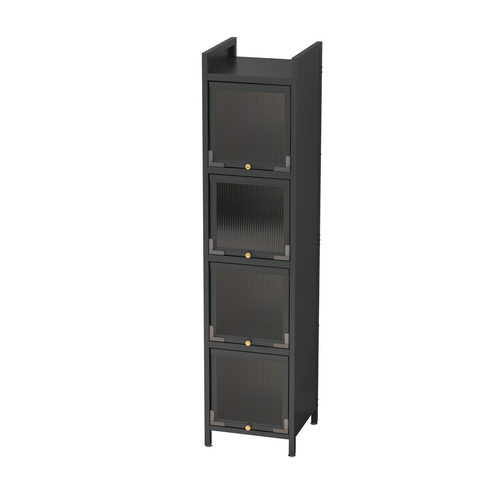 Narrow Sideboard Tableware Cabinet Bathroom Standing Shelving 4 tier Glass Door Cabinet with 4 Legs or Smooth Wheels