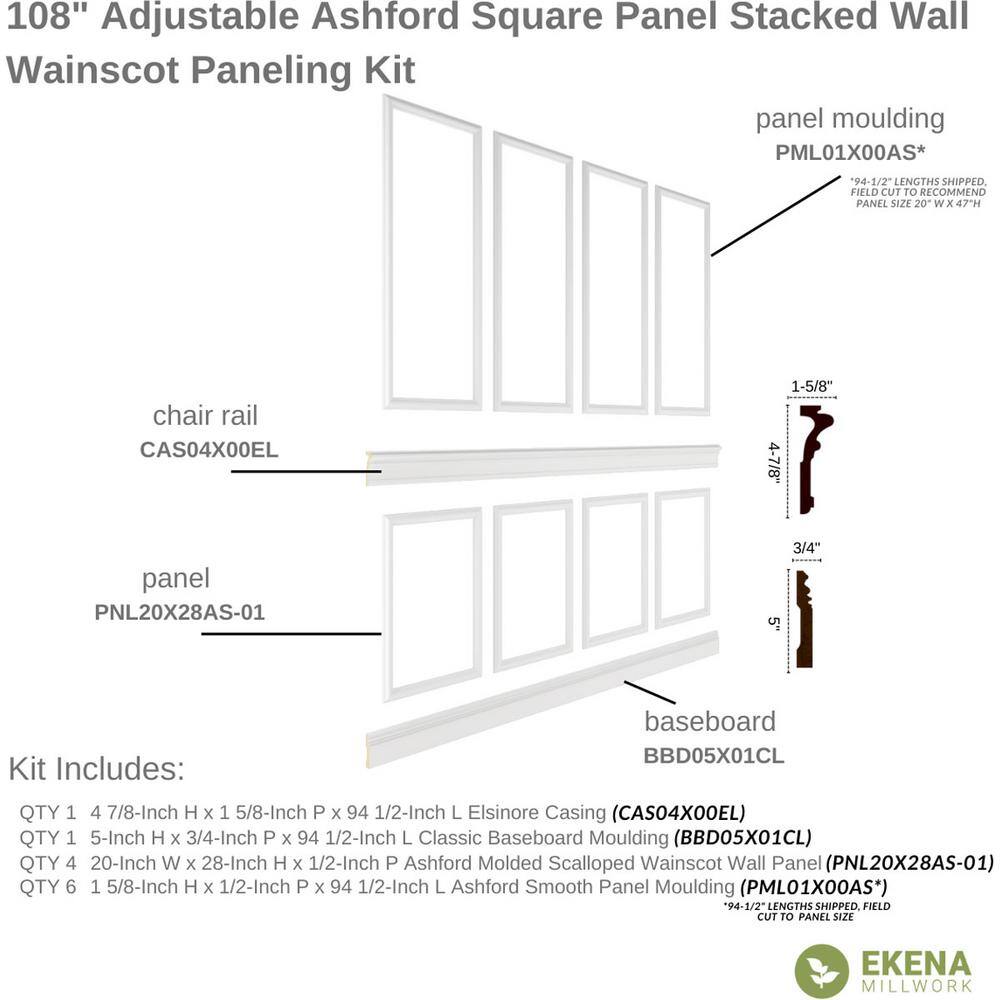 Ekena Millwork 94 12 in. (Adjustable 108 in. to 132 in.) 70 sq. ft. Polyurethane Ashford Square Panel Stacked Wall Wainscot Kit Primed WPKUST052P108