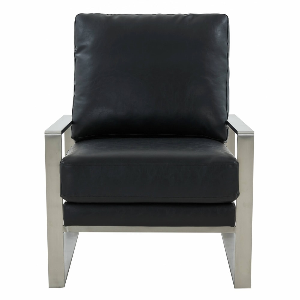 LeisureMod Jefferson Leather Arm Chairs with Silver Frame and Coffee Table with Geometric Base   36\