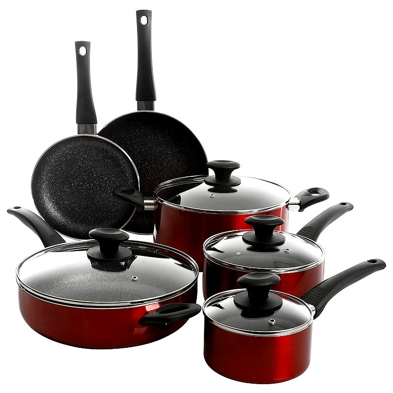 Oster Cocina Merrion 10 Piece Nonstick Aluminum Cookware Set in Red