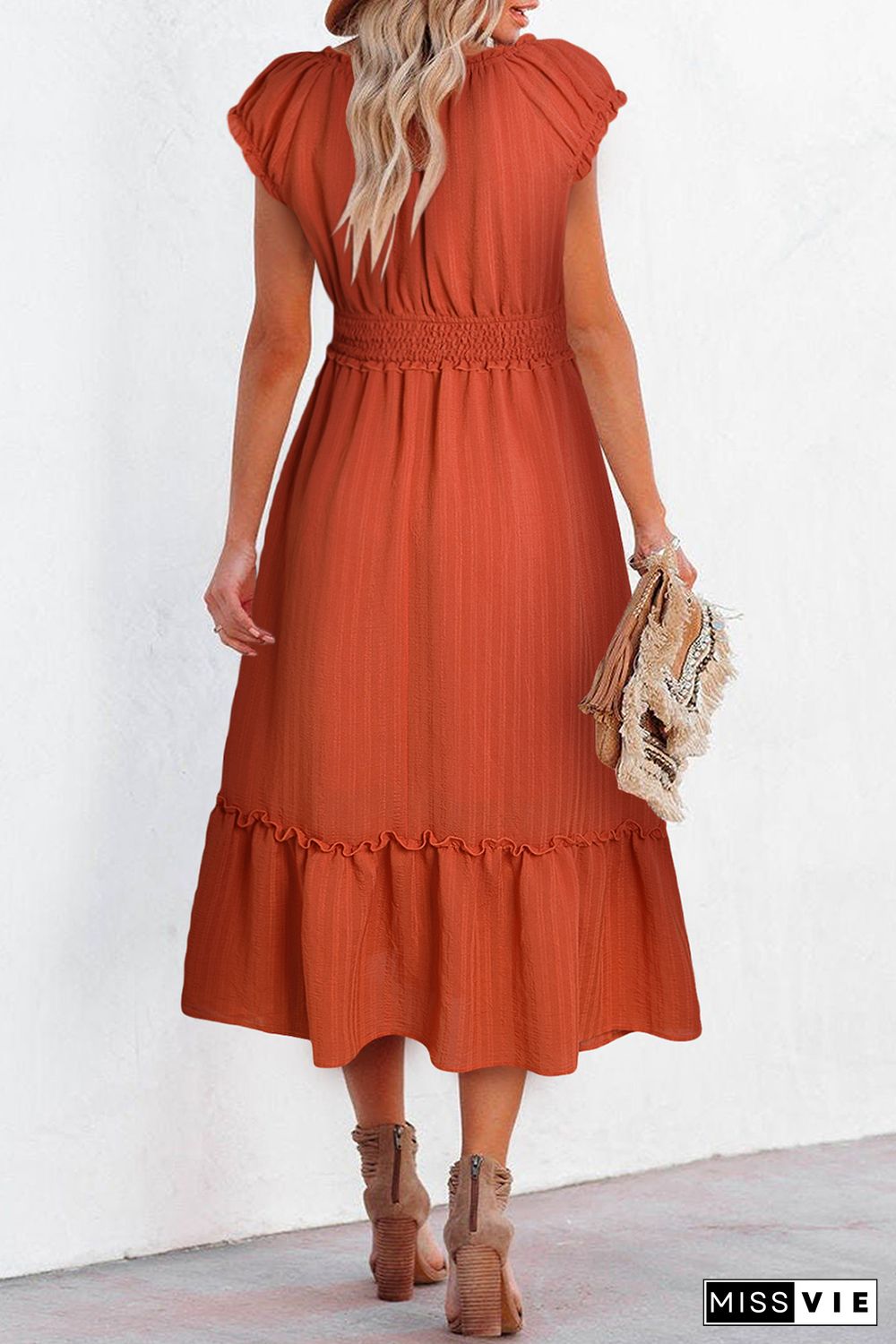 Puff Sleeve Tied V-Neck Smock Waist Frill Midi Dress