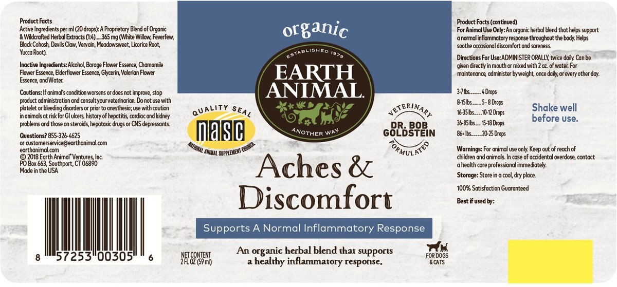 Earth Animal Natural Remedies Aches and Discomfort Liquid Homeopathic Joint Supplement for Dogs and Cats， 2-oz bottle