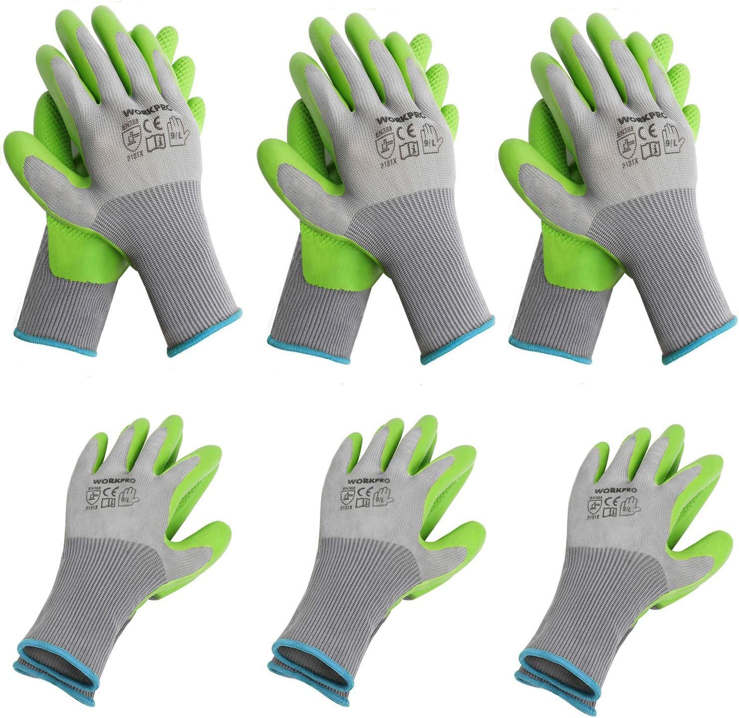 WORKPRO 6 Pairs Garden Gloves, Work Glove with Eco Latex Palm Coated, Working Gloves for Weeding, Digging, Raking and Pruning(L)