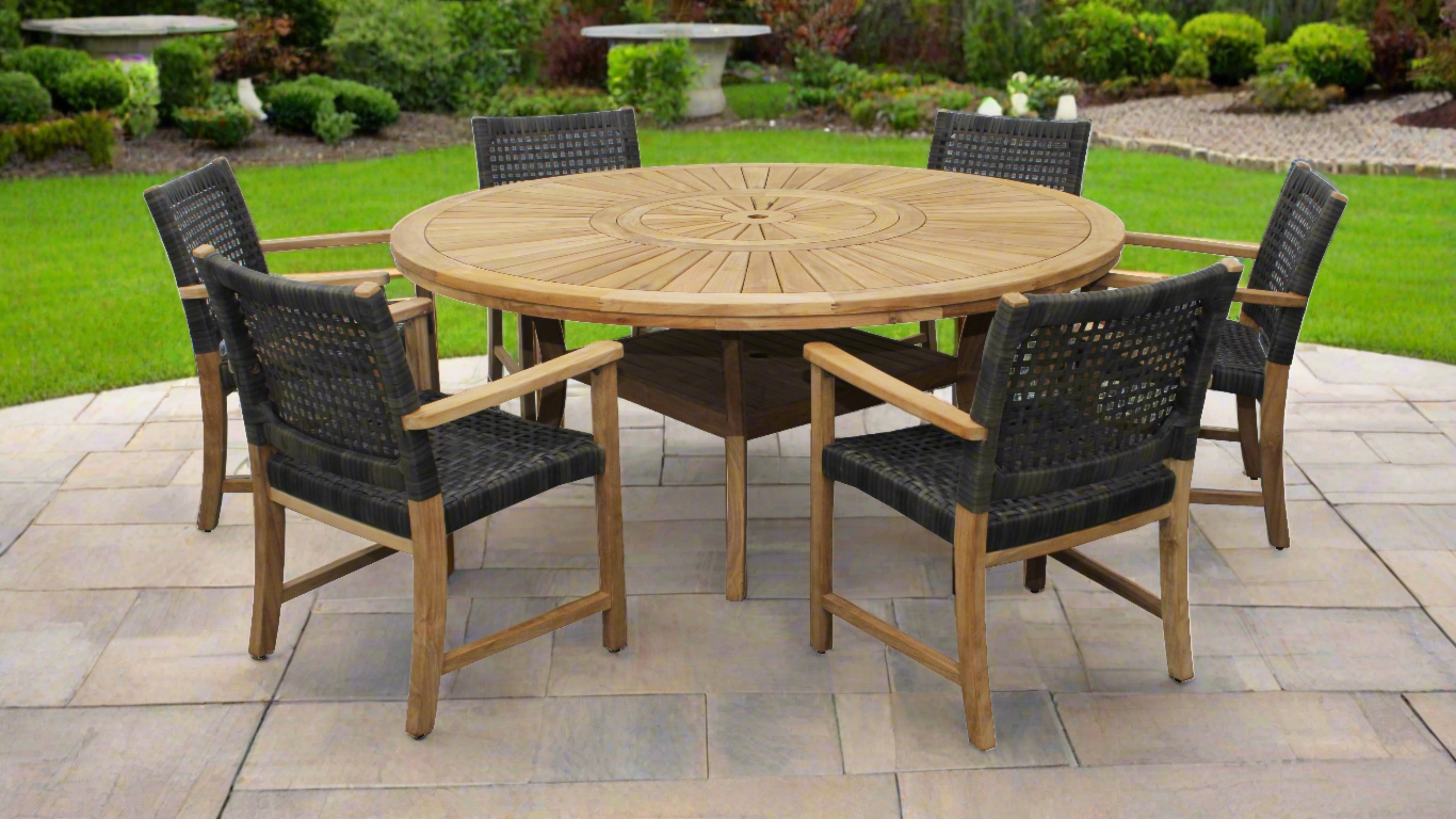 Komodo Teak 7pc Outdoor Dining Set (Teak 70 Round Table w Built-in Lazy Susan with 6 Woven Sanur Armchairs)