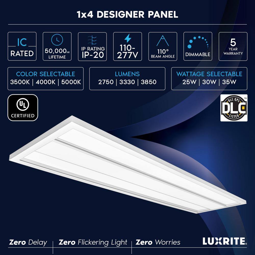 LUXRITE 1 ft. x 4 ft. 275033003850 Lumens Integrated LED Panel-Light 3 Color Options 3500K4000K5000K Dimmable (4-Pack) LR25709-4PK