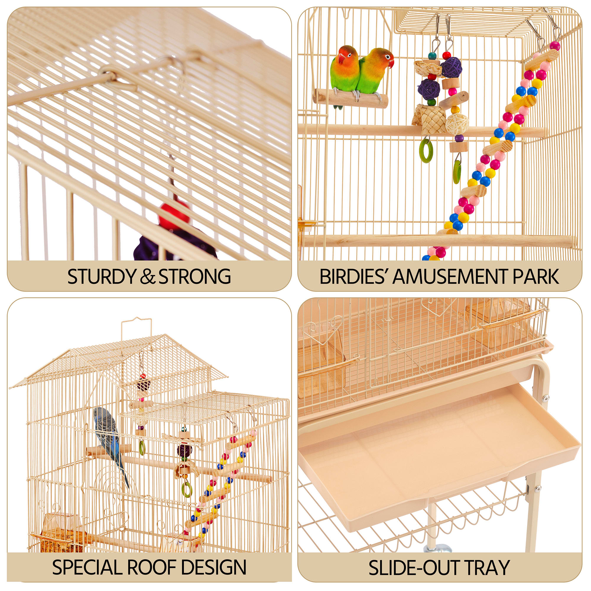 TOPEAKMART Almond Metal Bird Cage with Ladder Toy and Rolling Detachable Stand， 62.4 H