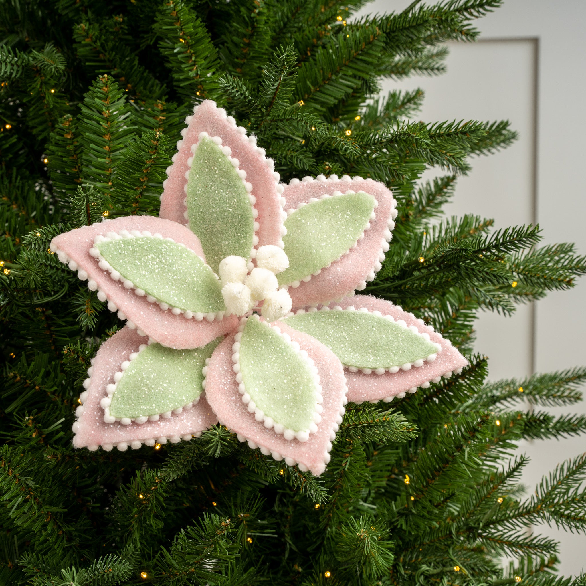 24 Pink & Green Frosted Layered Cake Poinsettia Stem Set Of 6