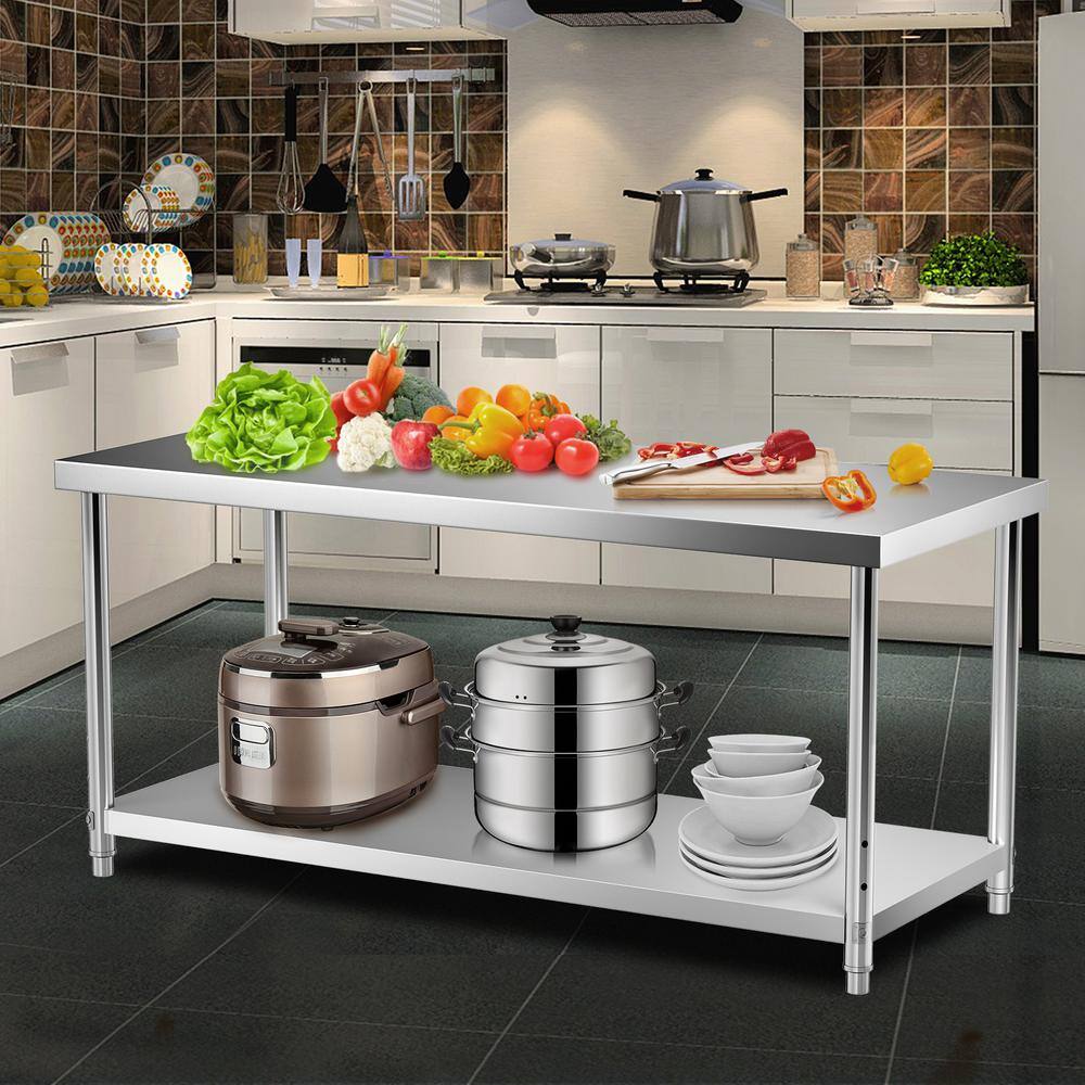 VEVOR Stainless Steel Prep Table 72 in. x 30 in. x 34 in. Heavy-Duty Metal Worktable 550 lbs. Load Capacity Kitchen Prep Table J72X30X34INCHUU20V0