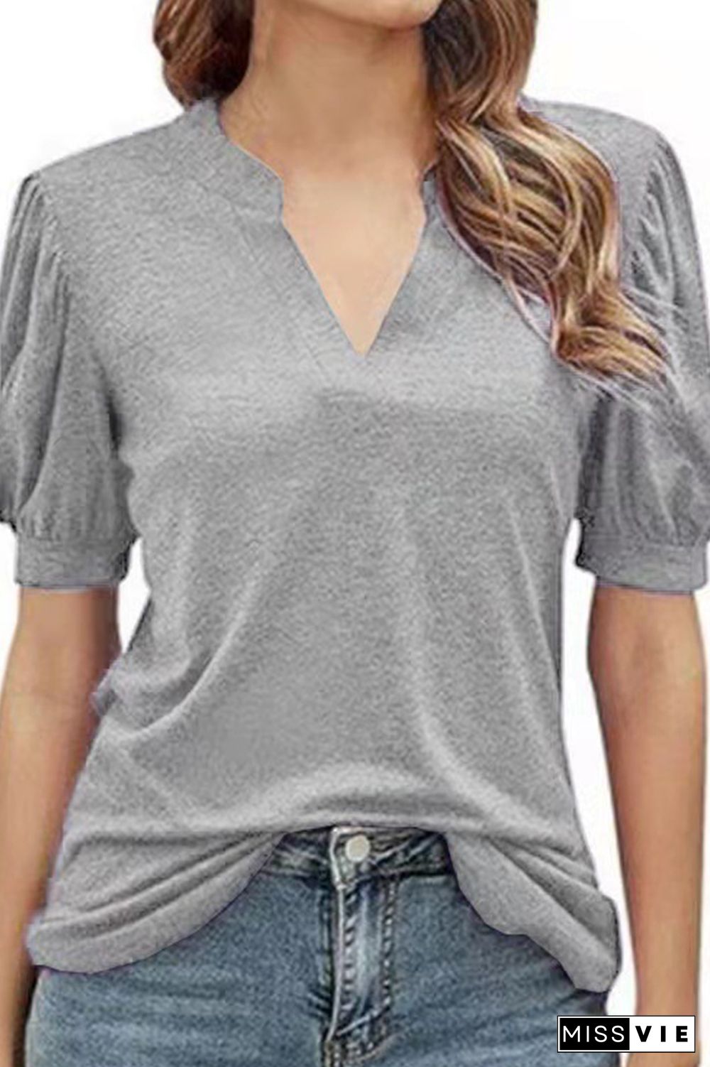 Casual Solid Split Joint V Neck T-Shirts