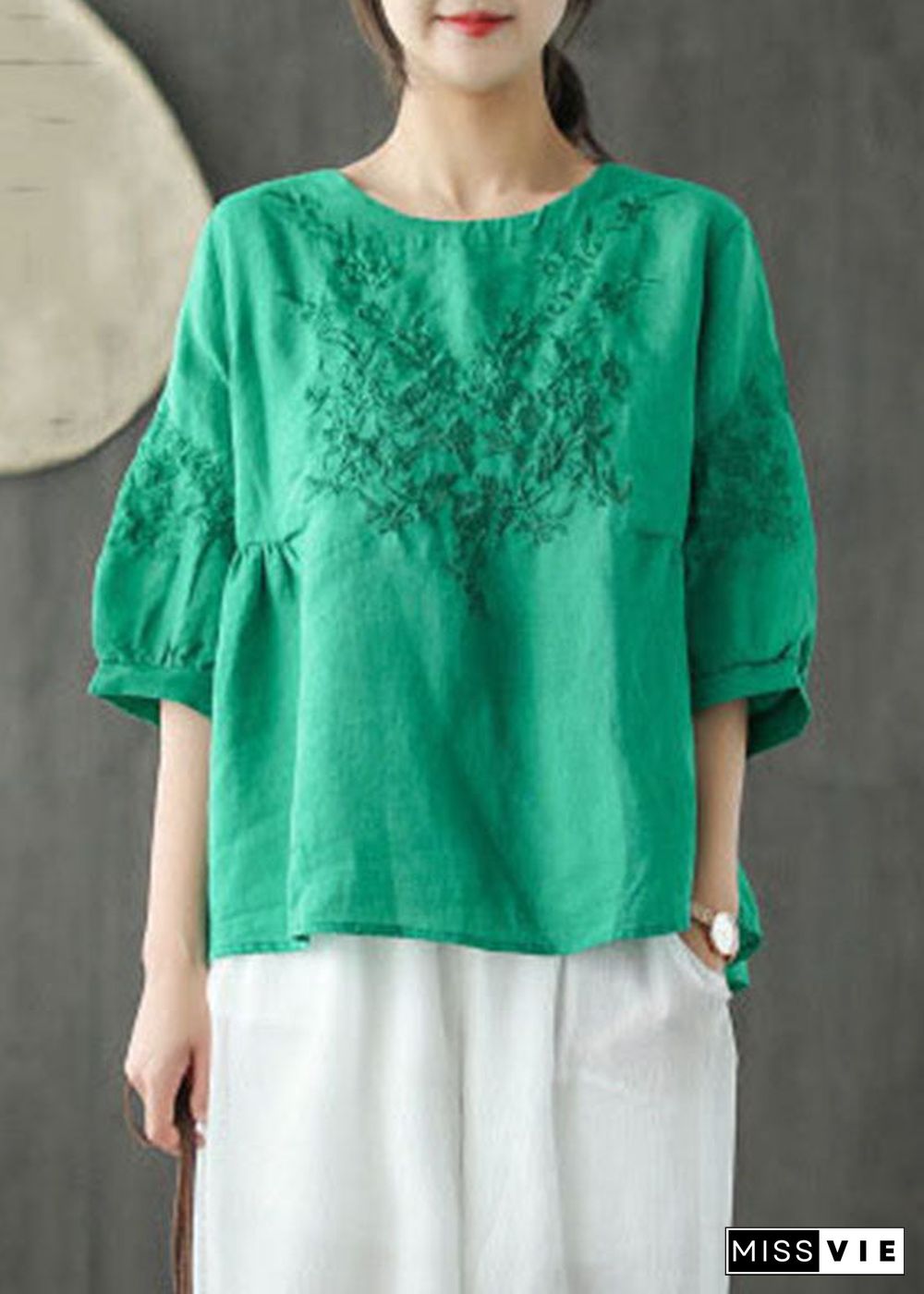 Green Loose Blouse Tops wrinkled Half Sleeve