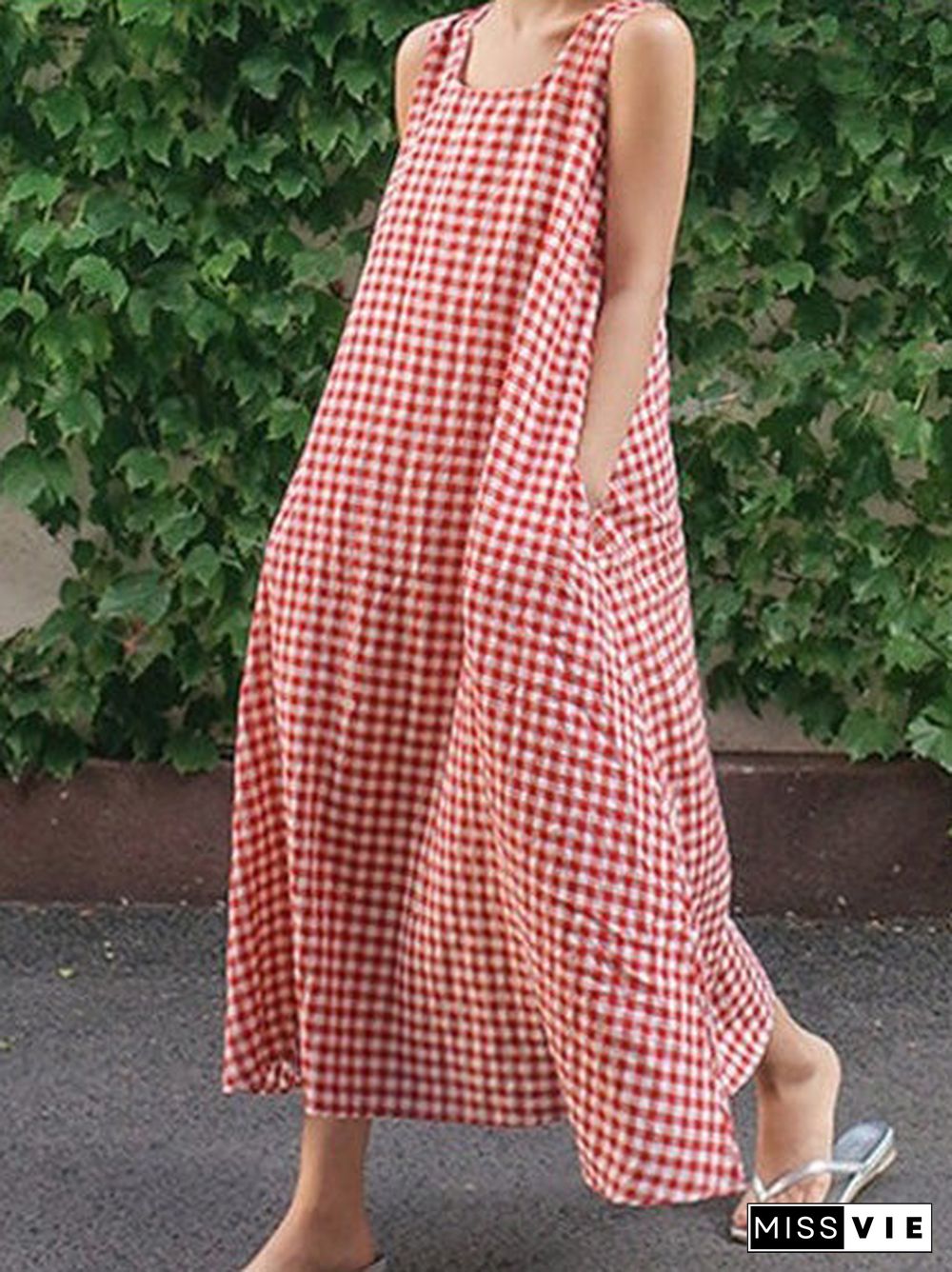 Women'S Dresses Loose Check Pocket Sleeveless Maxi Dress