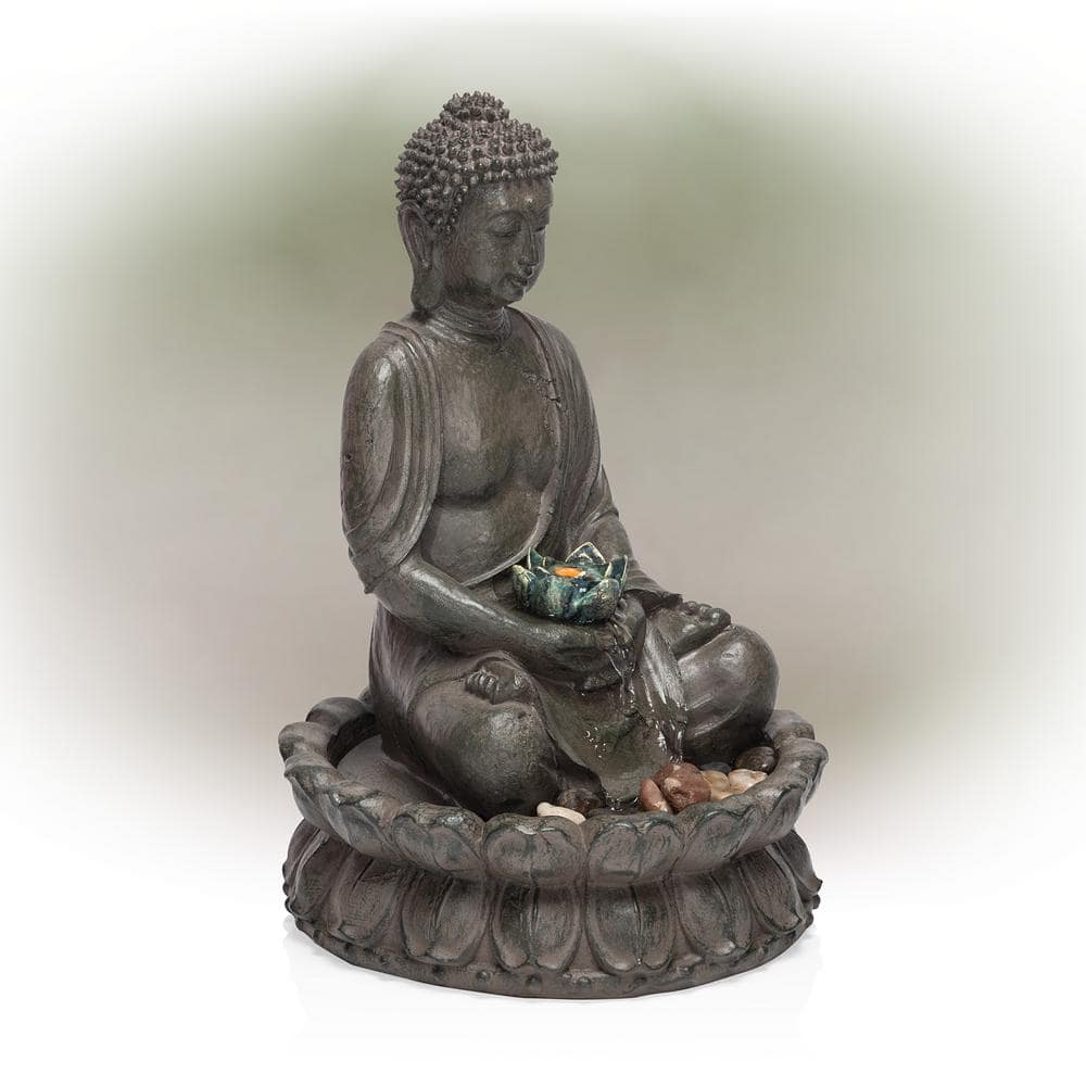 Alpine Corporation 19 in. Tall Indoor/Outdoor Tabletop Meditating Buddha with Lotus Flower Fountain with LED Light GEM178