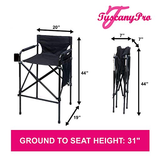 TuscanyPro Houdini Tall Director Chair - Quad Style, Super Compact Telescopic Folding Design with Jet Black, Anodized Aluminum Frame - Your Name/Logo Imprinted