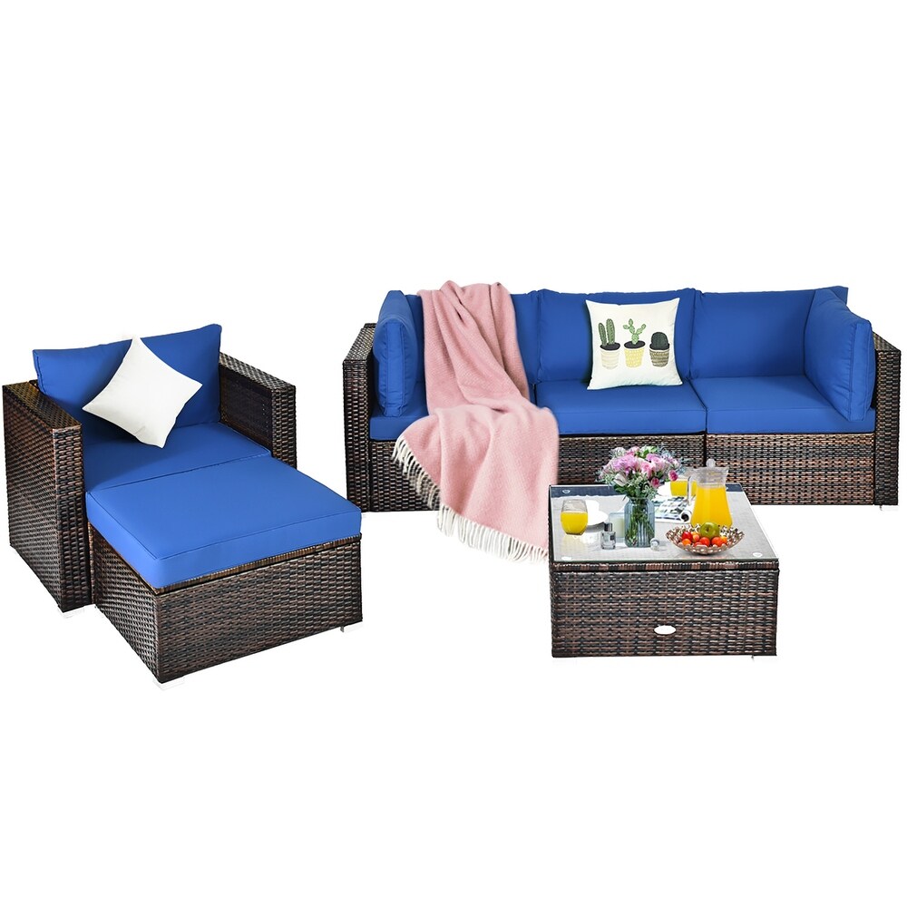 Costway 6PCS Patio Rattan Furniture Set Sofa Coffee Table Ottoman Navy   See Description