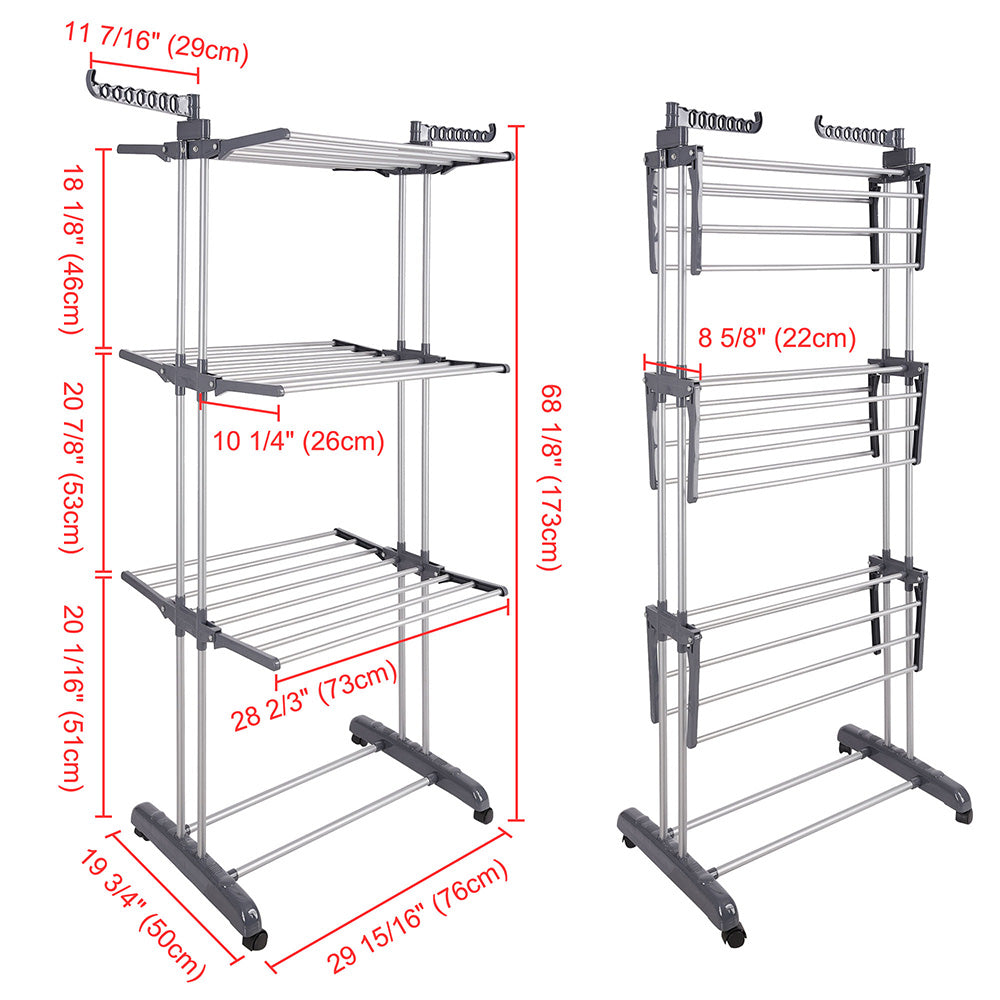 Aquaterior Laundry Folding Clothes Dryer Rack 3 Tiers w/ Casters Dark Gray