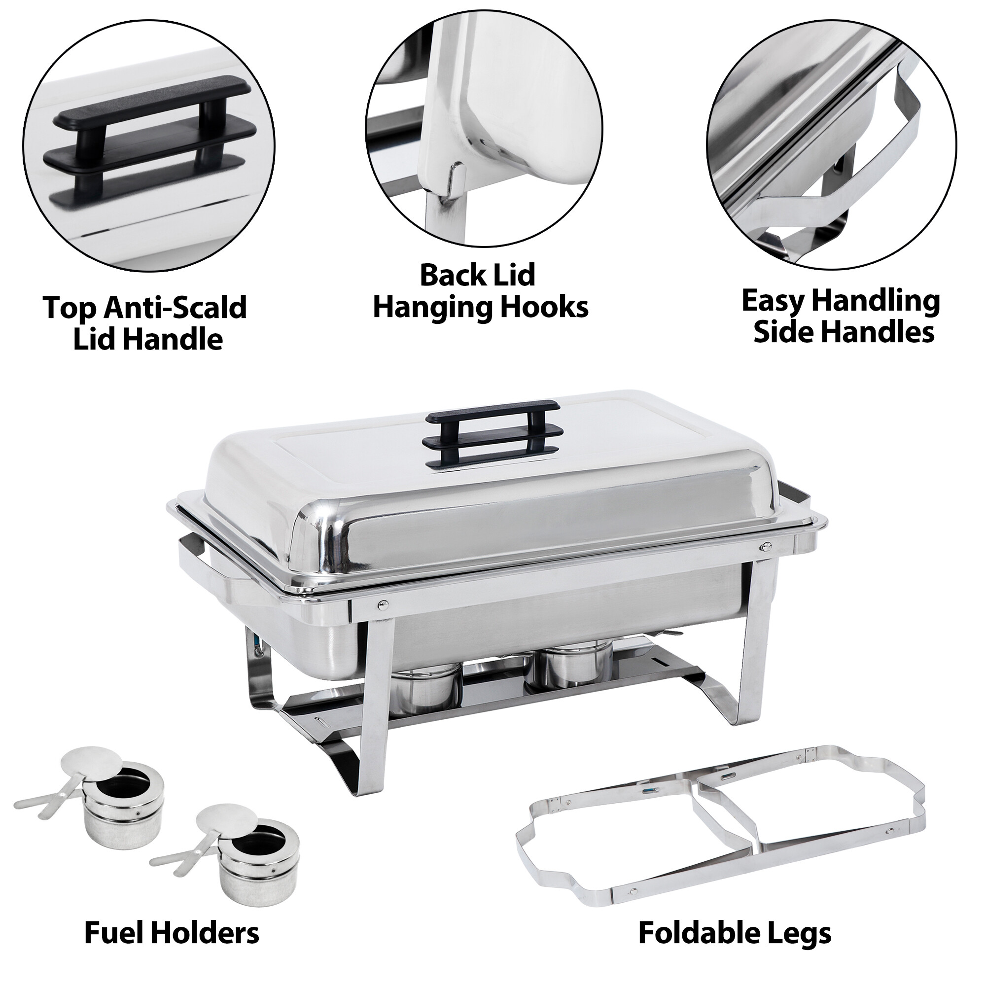 HomGarden 2 Pack Foldable 8QT Chafing Dish， Stainless Steel Buffet Chafer W/2 Fuel Holders， Silver