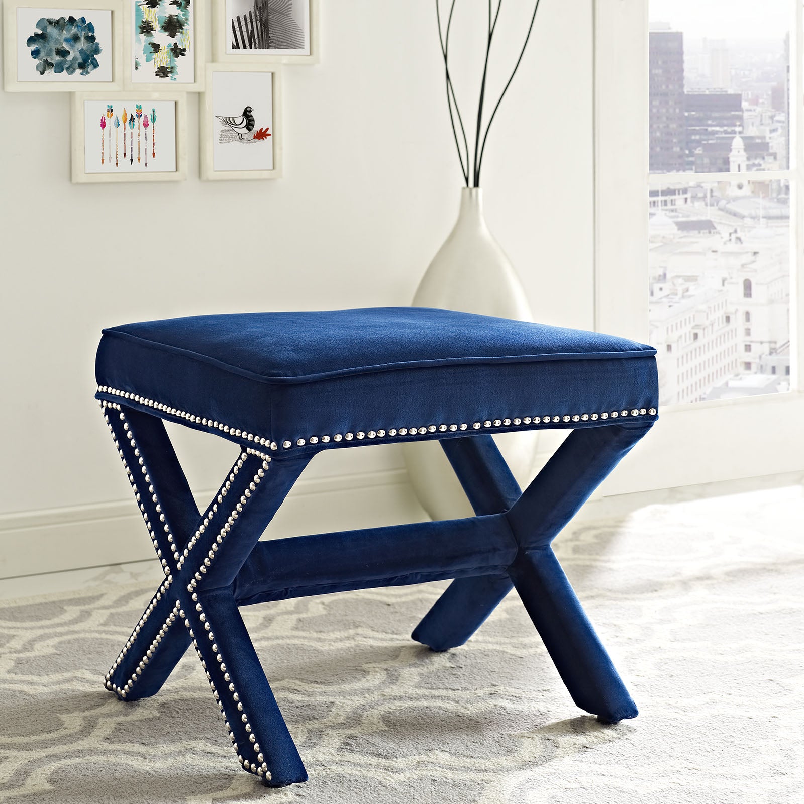 Modern Contemporary Urban Design Bedroom Living Room Bench, Navy Blue, Fabric