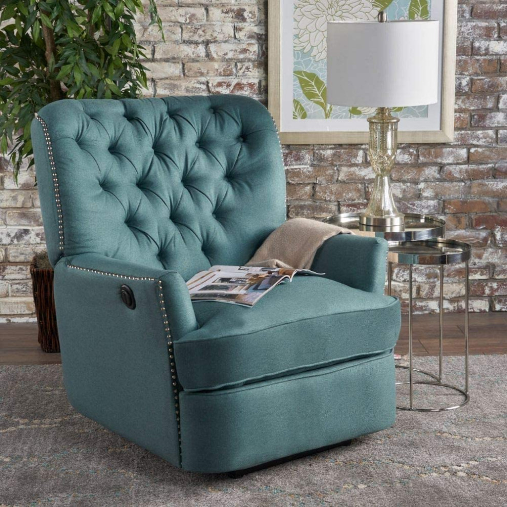 Contemporary Power Recliner  Teal Upholstery With Button Tufted Back  ampNailhead   Contemporary   Theater Seating   by Decorn  Houzz