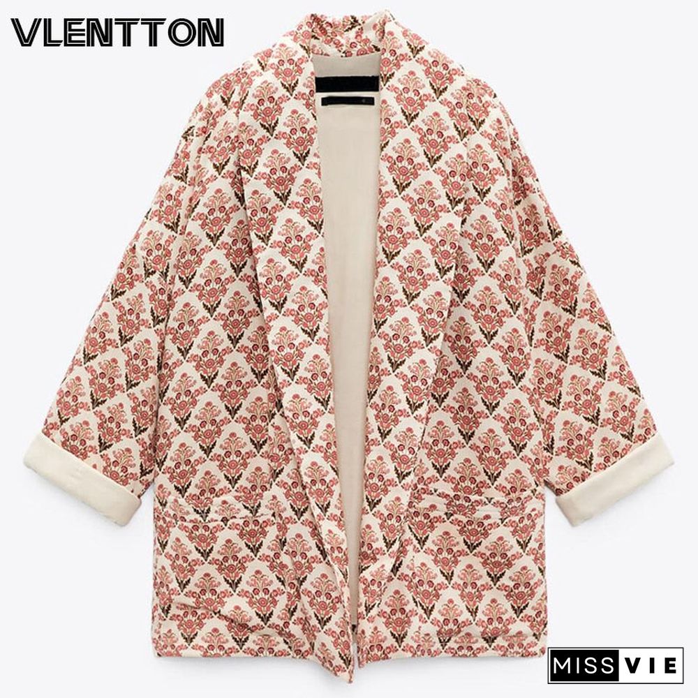 New Woman Autumn Winter Print Quilting Jacket Coats Long Sleeve Pocket Female Casual Coat